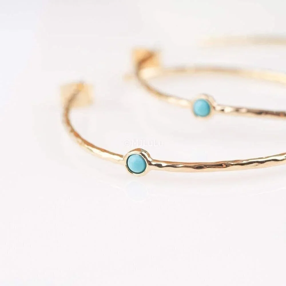14K Gold-Plated Hoop Earrings with Simulated Blue Turquoise Lightweight Hypoalle
